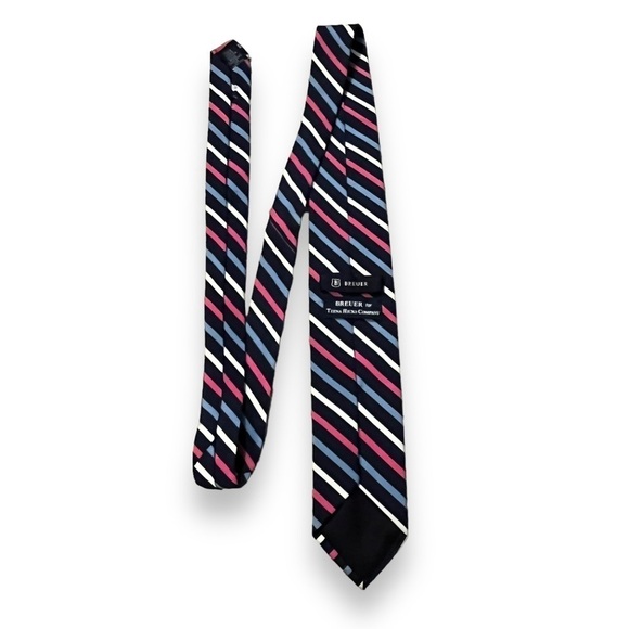 Breuer Silk Cotton Tie Navy Pink White Stripes Preppy Academia Classic - Picture 6 of 7